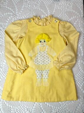 Vintage 1980s Dollitogs Girls 5 Years Yellow Doll Applique Jumper Dress Set